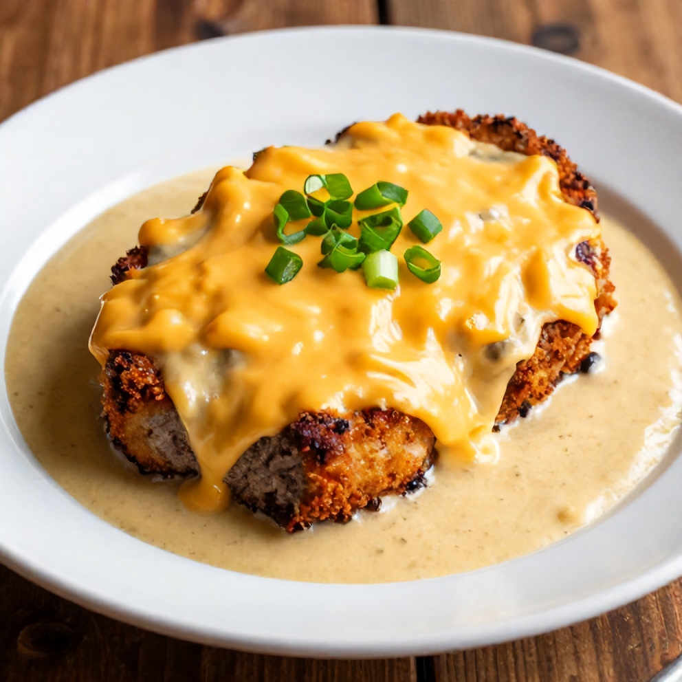 Plated Amish hamburger steak bake with cheddar cheese