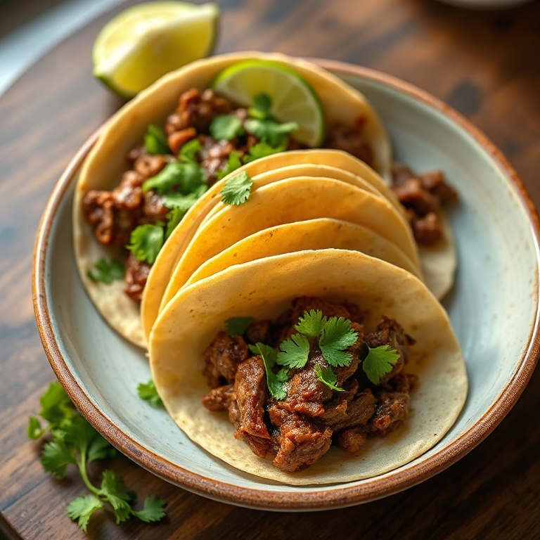 Perfectly plated beef birria tacos with fresh cilantro and lime, served in a ceramic bowl with warm side lighting.