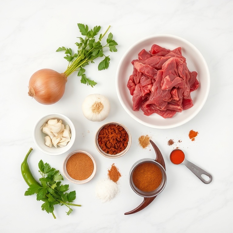 Raw ingredients for beef birria tacos arranged in an overhead flat lay. Beef, onion, garlic, chili, and spices visible with measuring tools.
