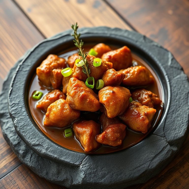 Plated Jamaican brown stew chicken with scallion garnish