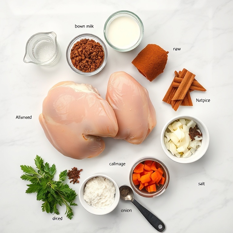 Raw ingredients for Jamaican brown stew chicken flat lay