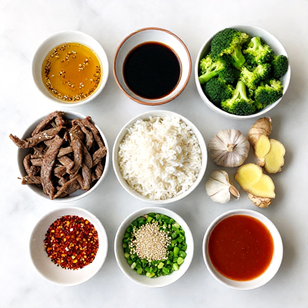 Raw ingredients for Beef and Broccoli Rice Bowls on a white marble surface