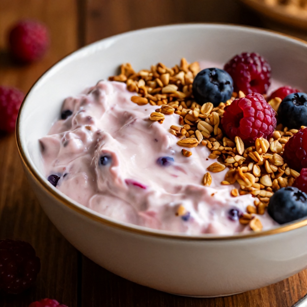 Plated berry cottage cheese bowl with a sprinkle of granola and fresh berries