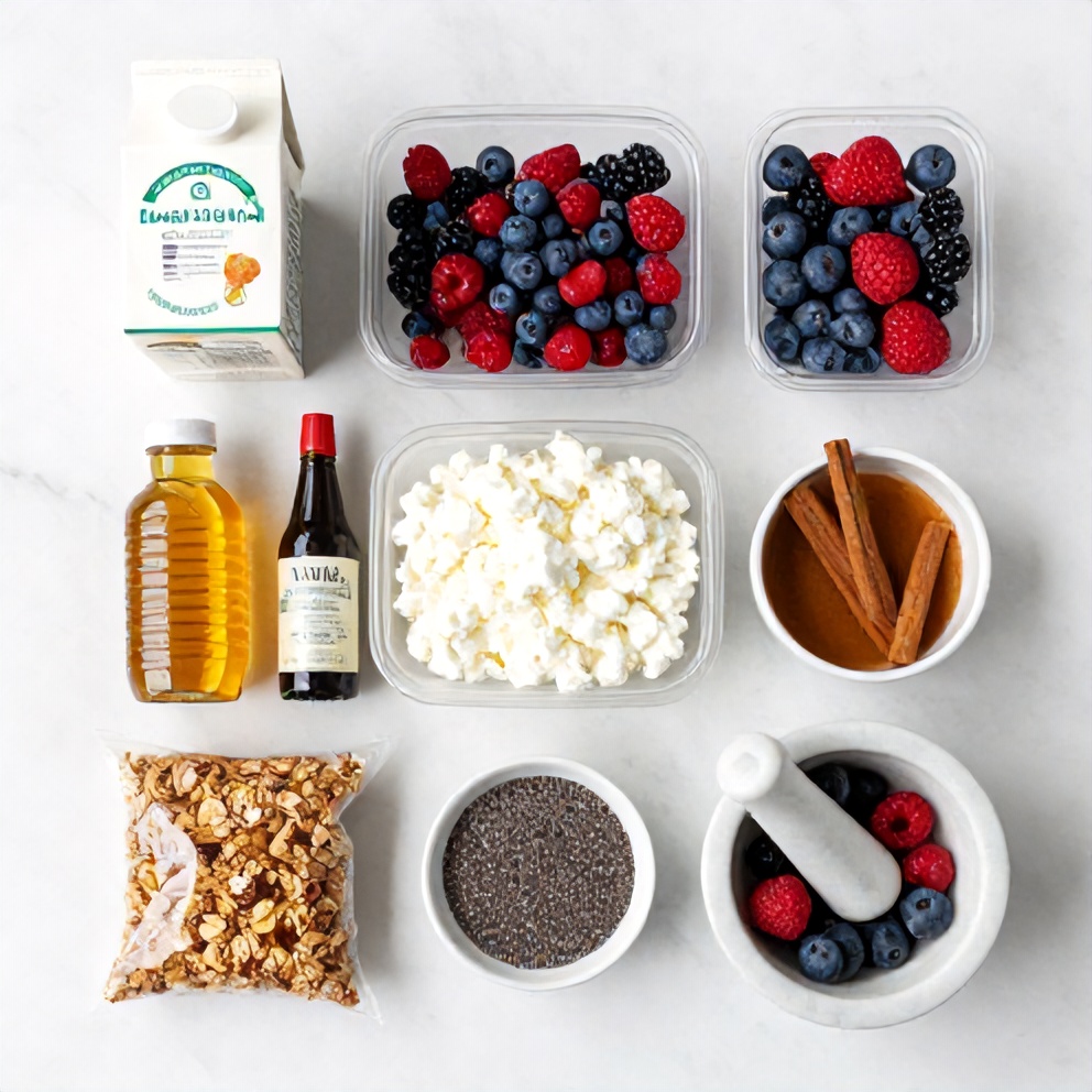 Raw ingredients for berry cottage cheese bowl on a white marble surface
