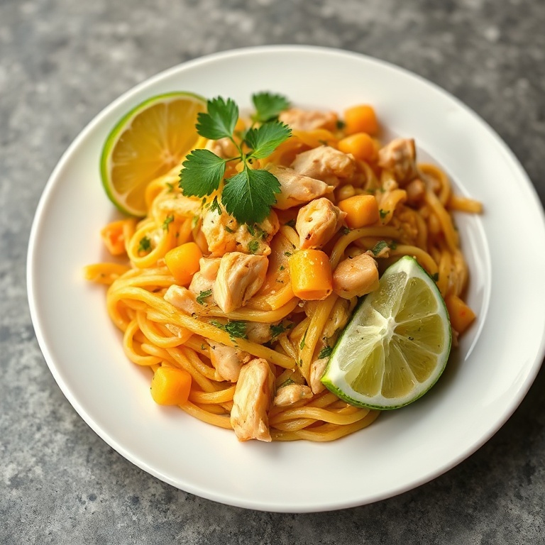 A perfect plated serving of mango chicken pasta salad with a lime wedge and fresh cilantro on a white ceramic plate.