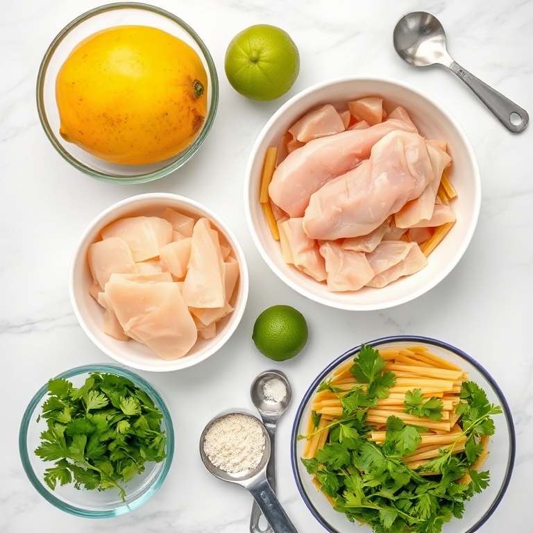 Raw ingredients for mango chicken pasta salad: mango, chicken breast, pasta, lime, and fresh cilantro arranged in an overhead flat lay with measuring tools.