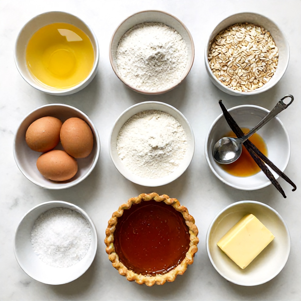 Raw ingredients for Burnt Honey Pie with Flaky Oat Crust on a white marble surface