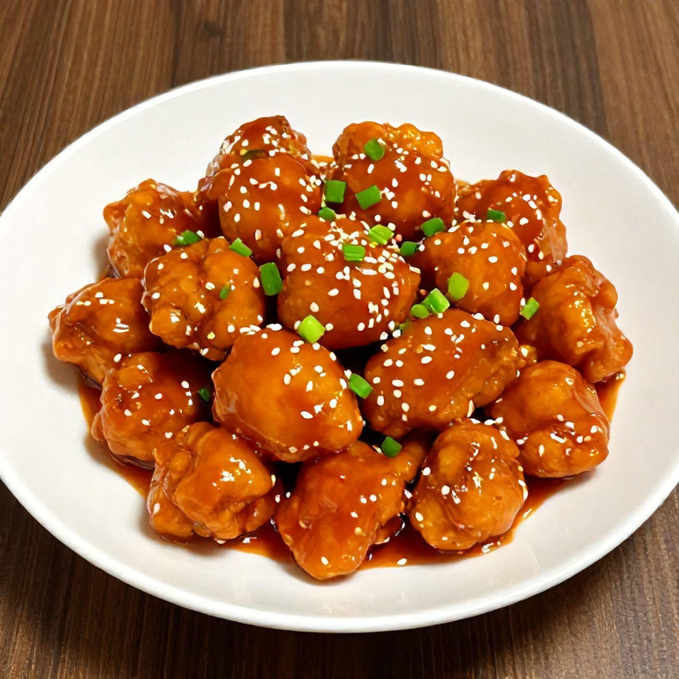 Orange chicken served on a plate with steamed rice