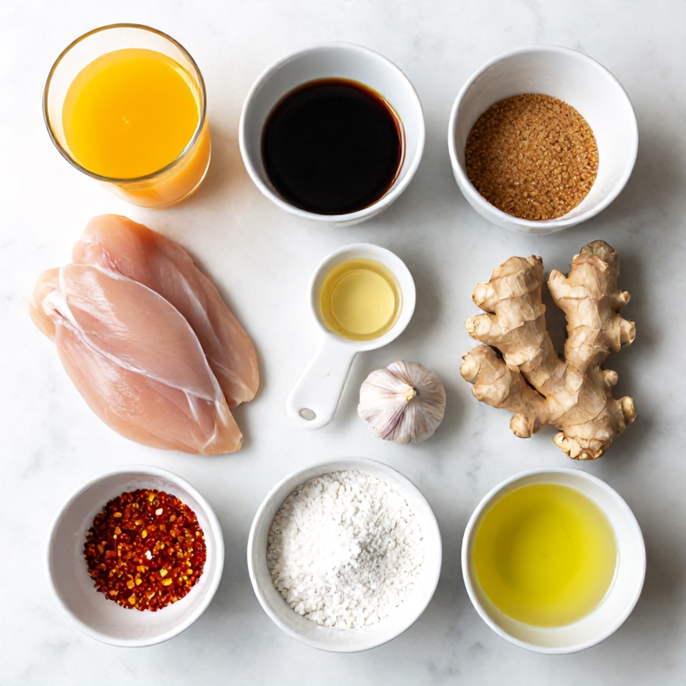 Raw ingredients for orange chicken on a wooden surface