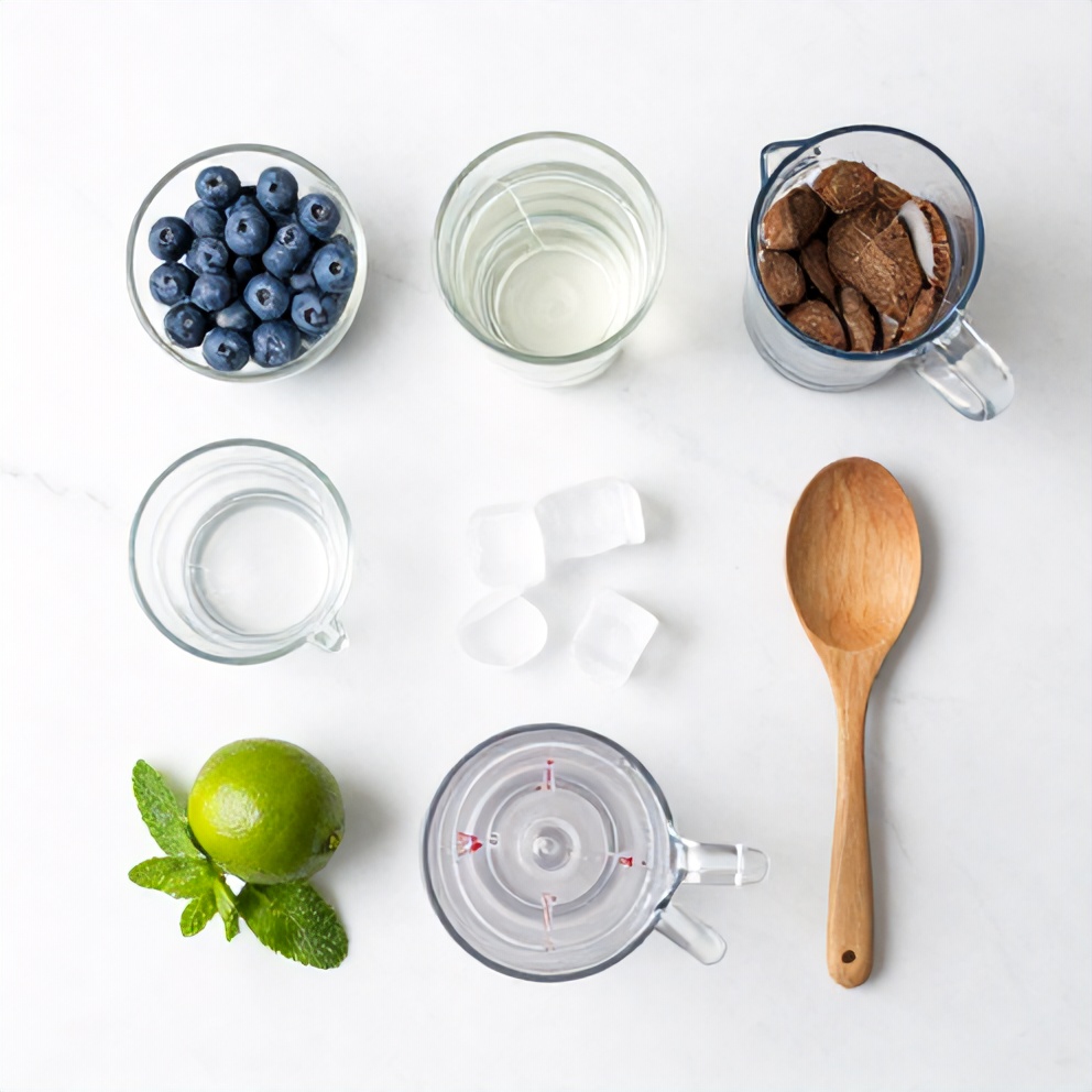Blueberries, coconut water, lime, ice, and mint leaves on a wooden surface