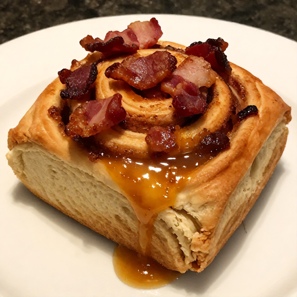 Plated Bourbon Maple Bacon Cinnamon Rolls with Candied Bacon