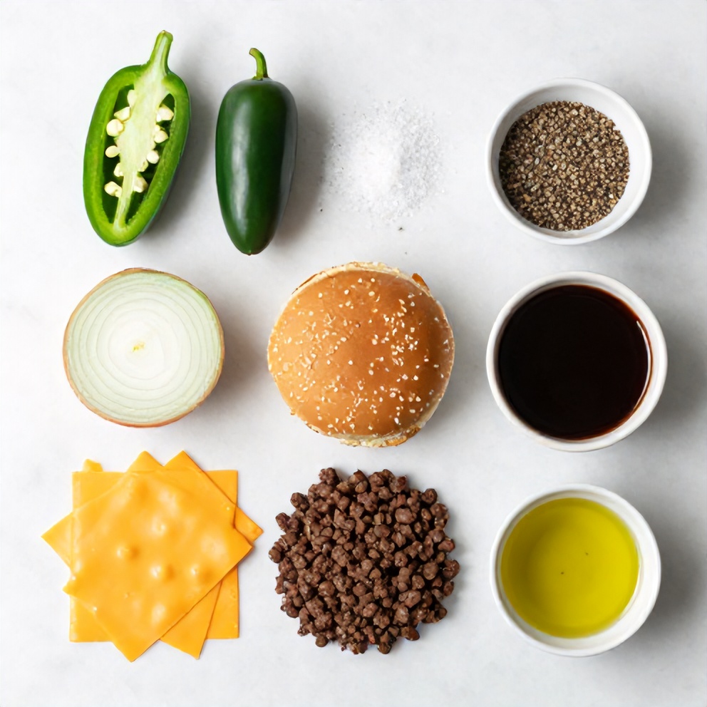 Raw ingredients for cheddar jalapeño burgers: ground beef, jalapeños, cheddar cheese, etc.
