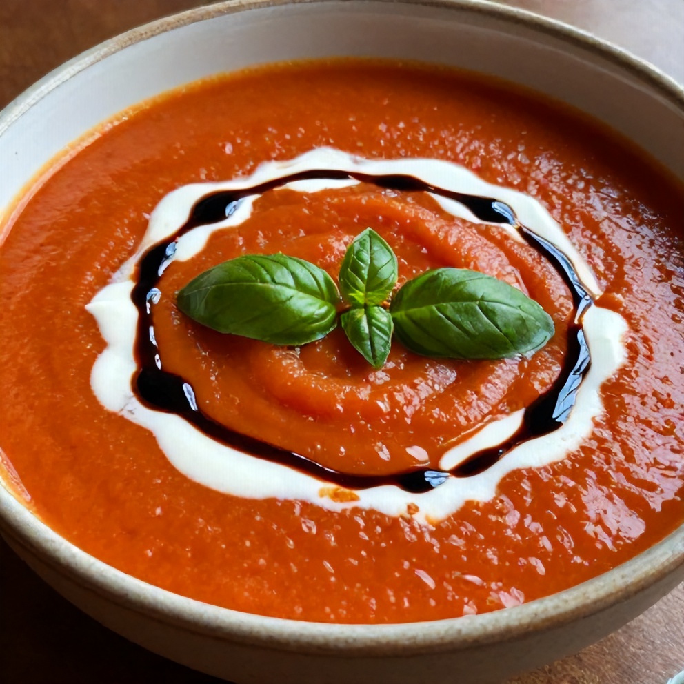 Chilled Roasted Tomato Basil Soup with Coconut Cream