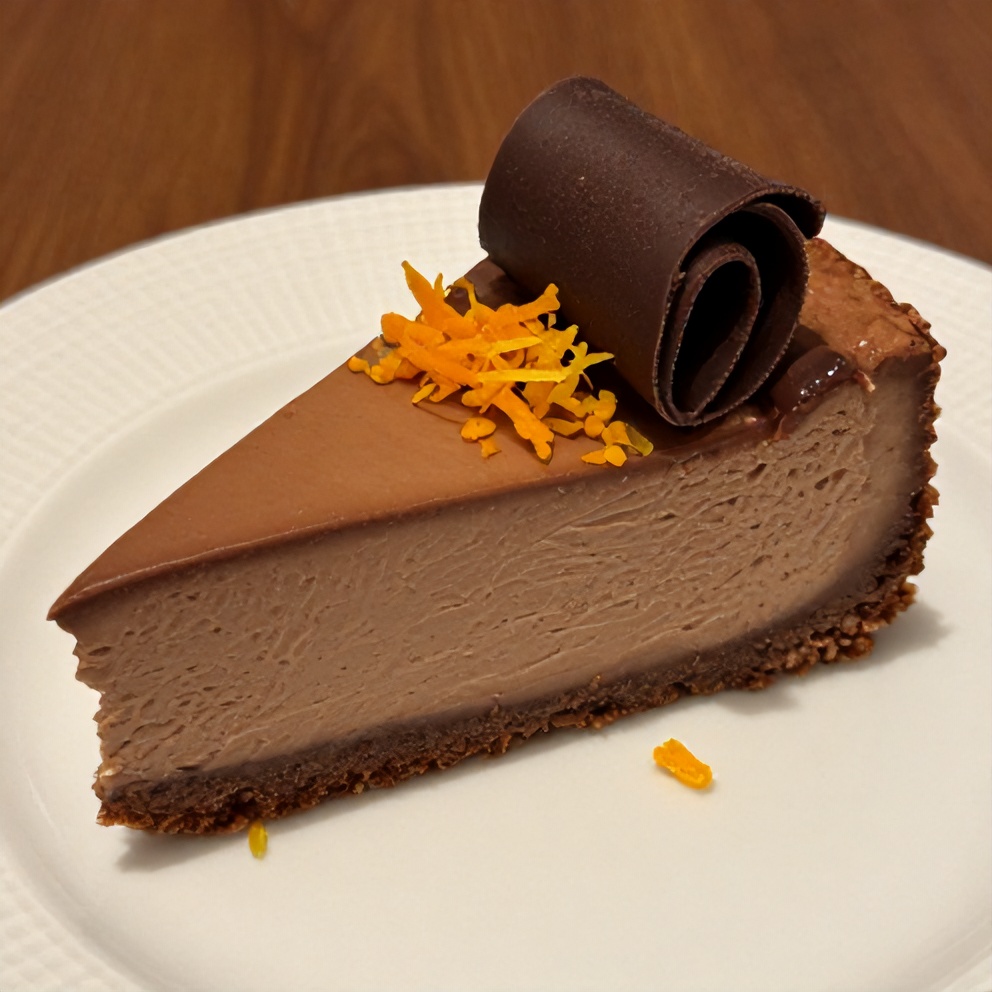 Sliced chocolate orange cheesecake on a plate with a spoon