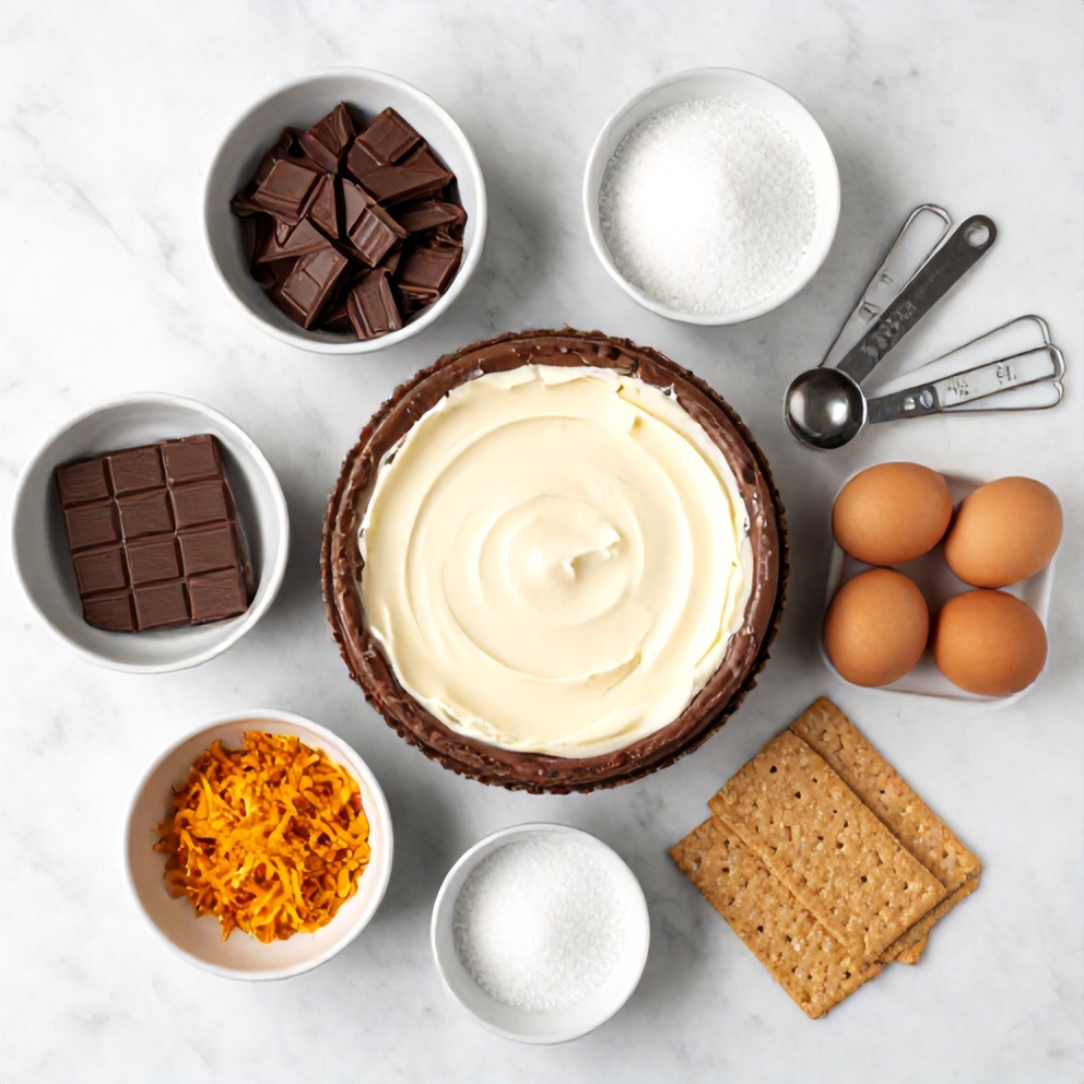Ingredients for chocolate orange cheesecake: cream cheese, chocolate, orange zest, sugar, eggs, graham crackers