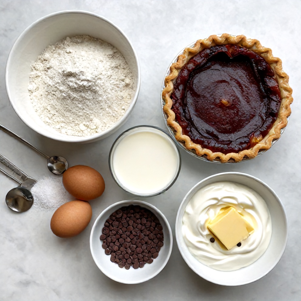 Ingredients for Boston Cream Pie on a marble countertop