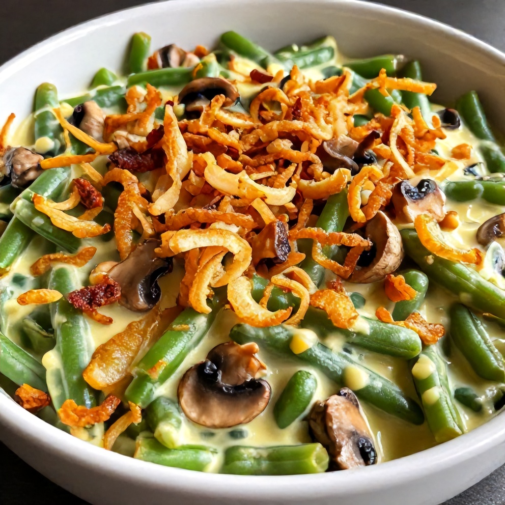 Plated serving of creamy green bean casserole