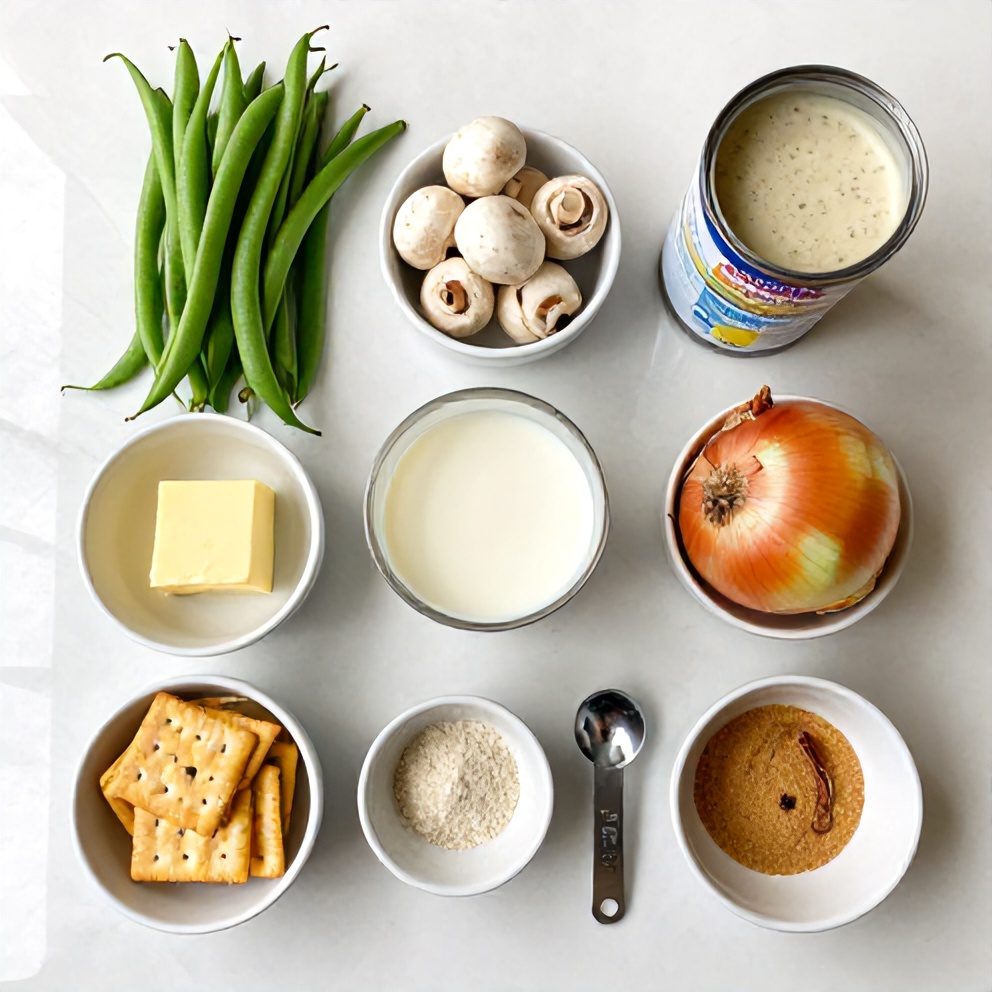Raw ingredients for homemade green bean casserole