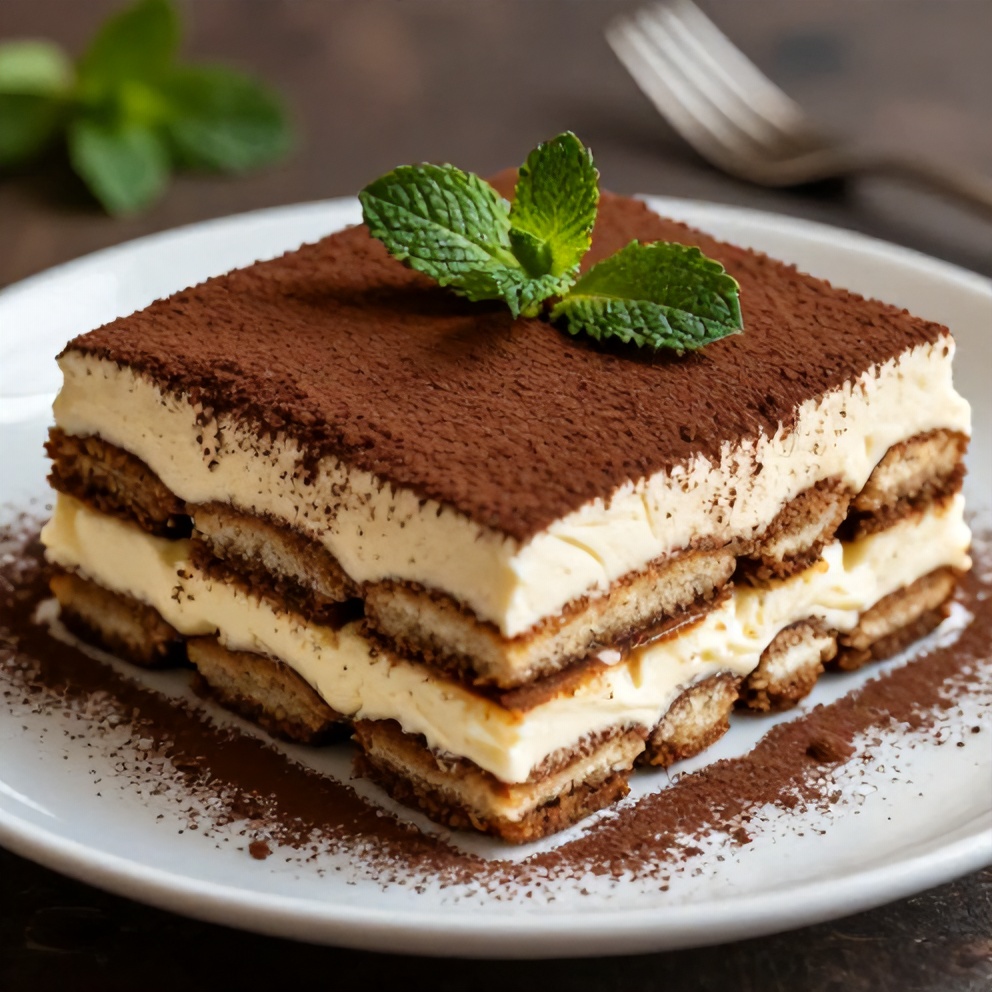 Perfectly plated Classic Italian Tiramisu with cocoa powder on top and fresh mint leaves.
