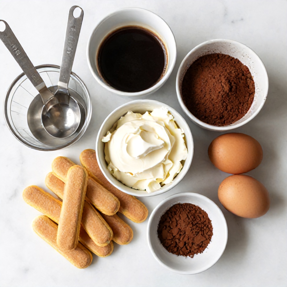 Raw ingredients for Classic Italian Tiramisu: ladyfingers, mascarpone, coffee, cocoa powder, and eggs.