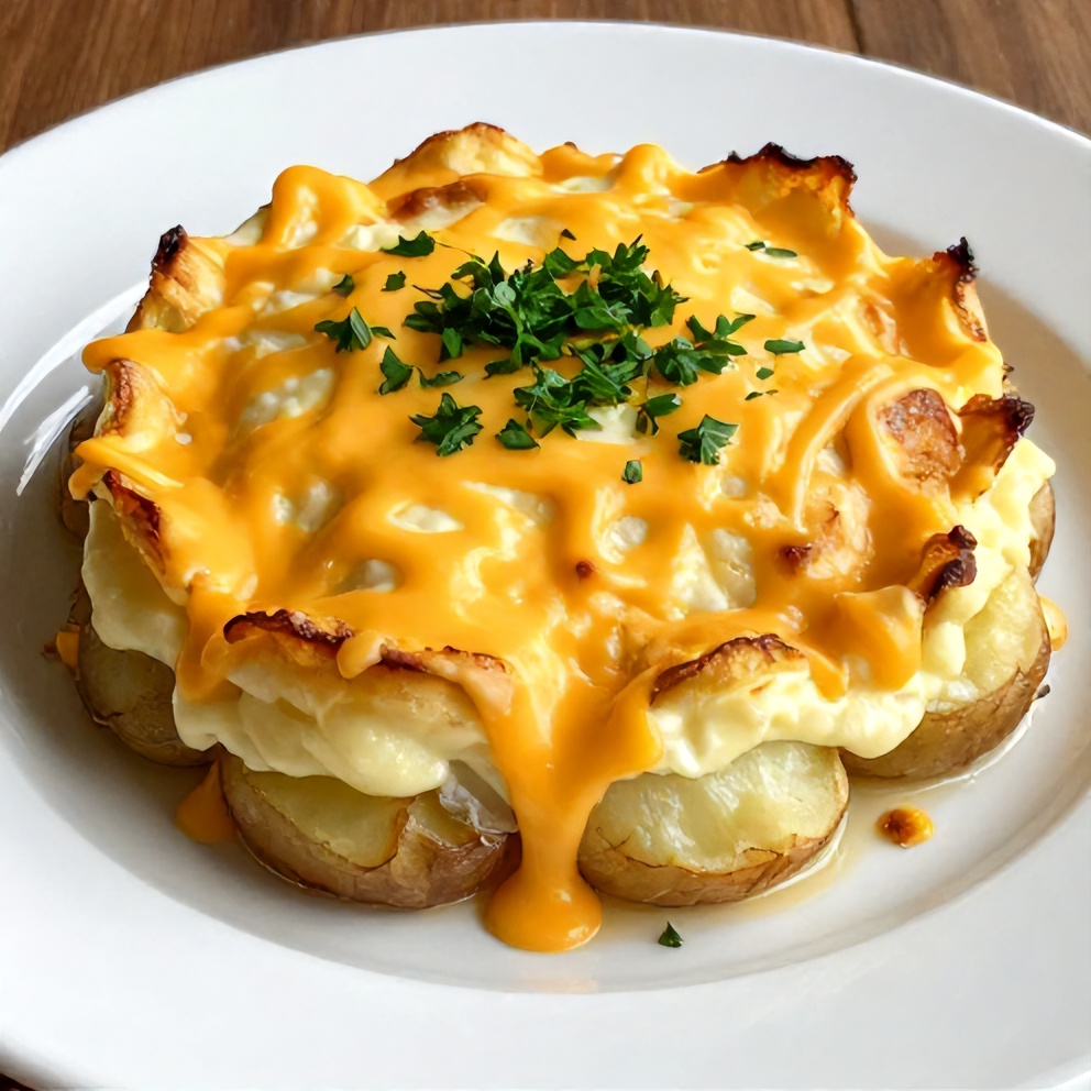 Plated serving of classic scalloped potatoes with cheddar cheese