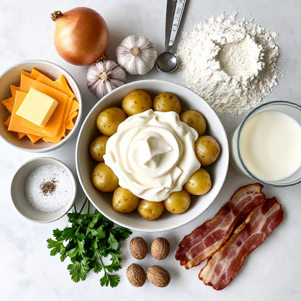 Raw ingredients for classic scalloped potatoes with cheddar cheese