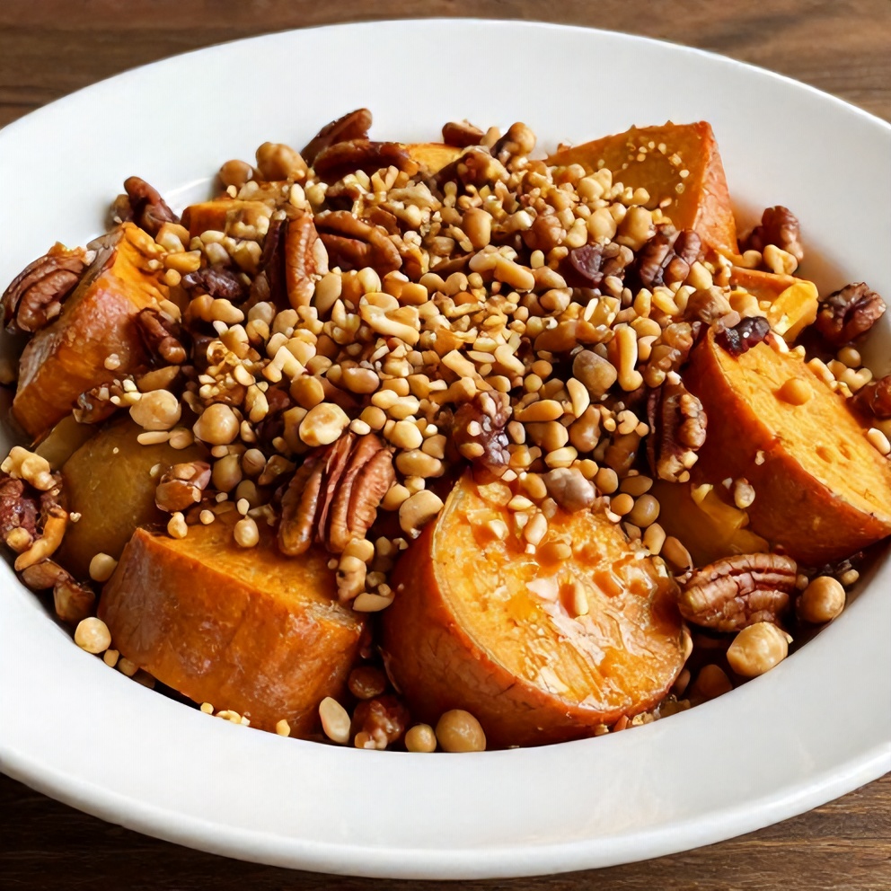 Plated Classic Sweet Potato Casserole with Pecan Topping