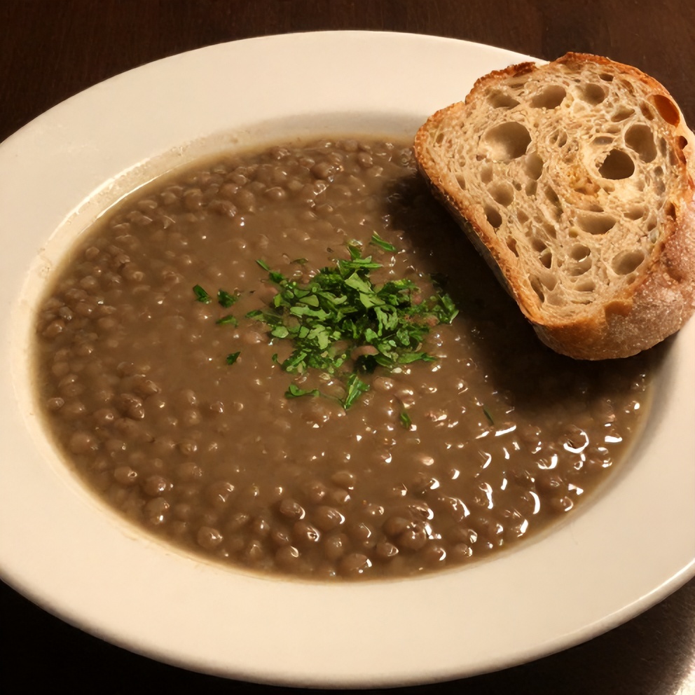 A bowl of classic split pea soup garnished with chopped parsley, served with a side of crusty bread
