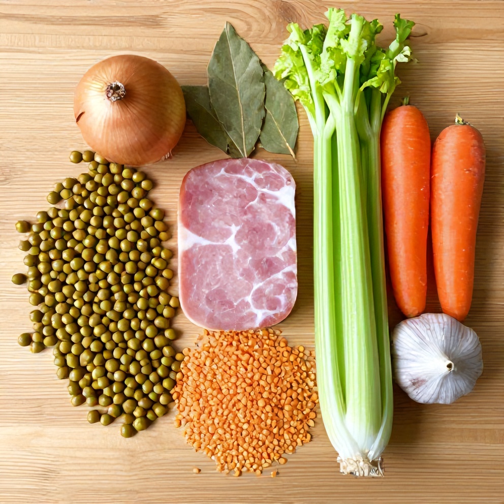 Split peas, onions, carrots, celery, garlic, ham, bay leaves, and other ingredients for classic split pea soup laid out on a wooden surface