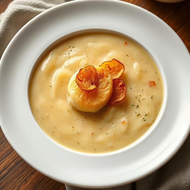 A perfect plated serving of Cozy Garlic Potato Soup with crispy garlic slices on top. A white ceramic bowl with smooth edges. Warm side lighting highlighting texture. Photorealistic food photography. No text. No watermark.