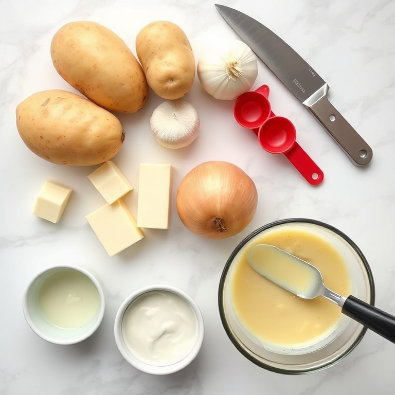 Overhead flat lay of raw ingredients for Cozy Garlic Potato Soup. Potatoes, garlic cloves, onion, butter, and heavy cream visible. Measuring cups, a chef's knife, and a mixing bowl included. White marble surface. Bright even light. Photorealistic overhead food photography. No text. No watermark.