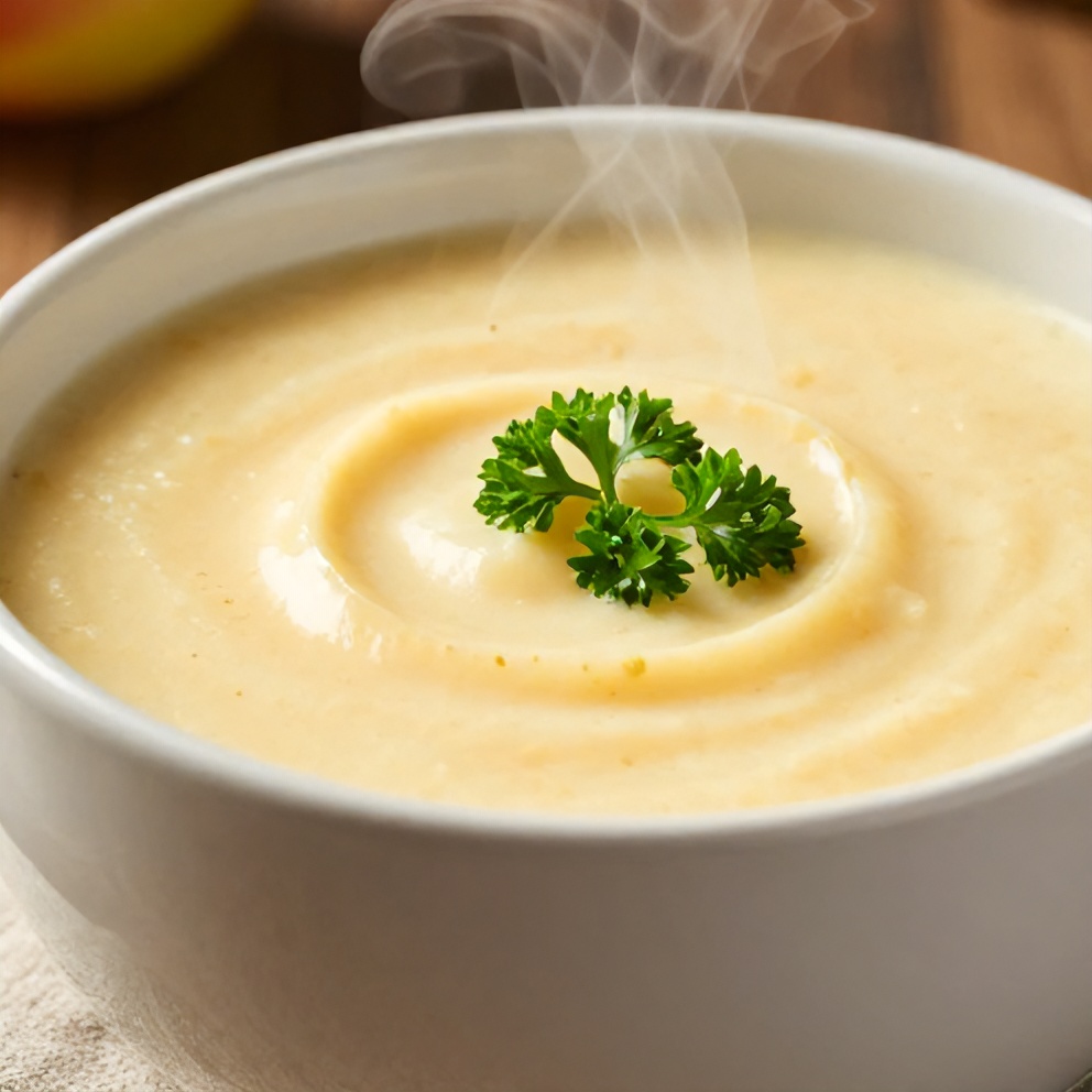 A single serving of creamy apple cheddar soup in a white ceramic bowl. A small amount of fresh parsley is sprinkled on top. The soup is steaming slightly.