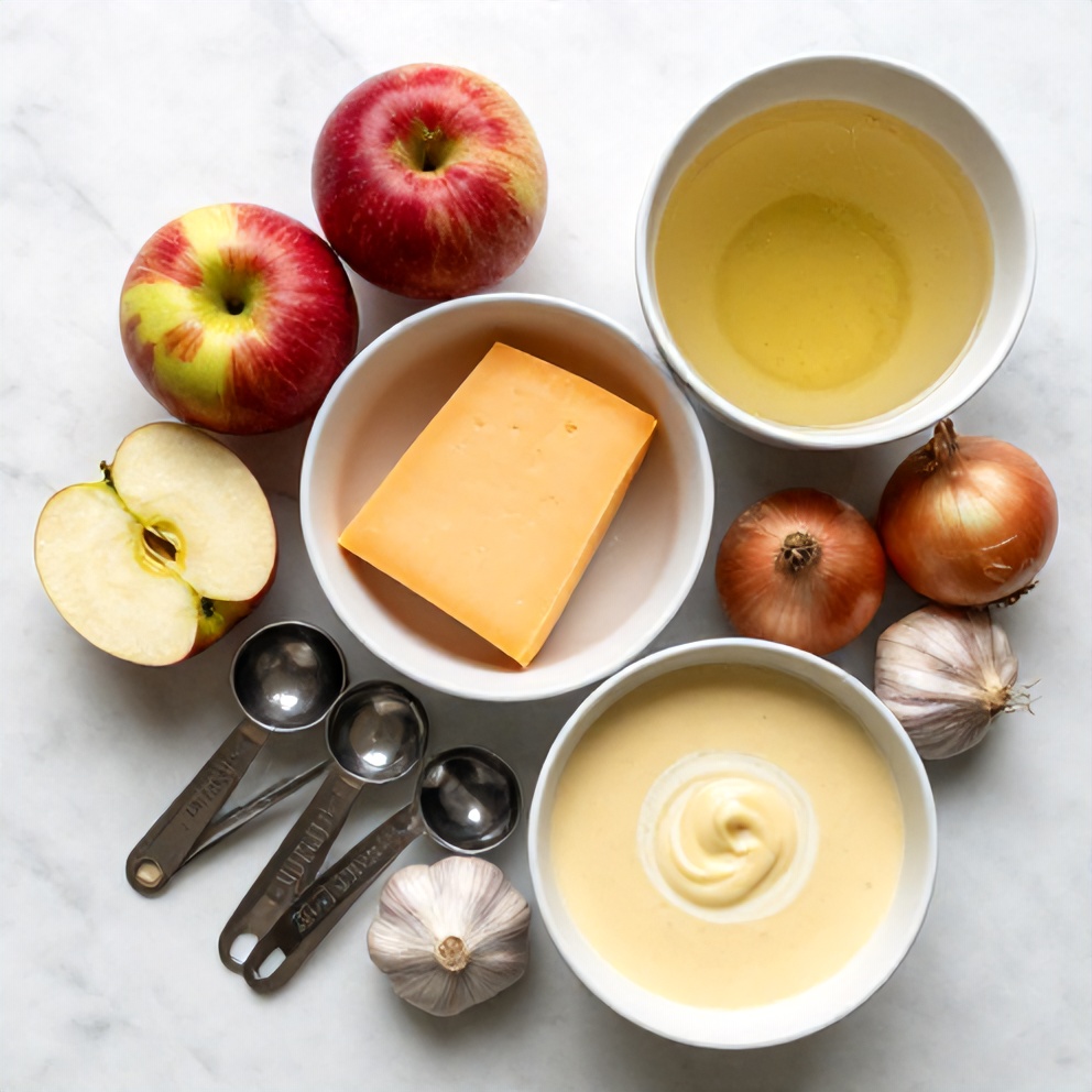 An overhead shot of the raw ingredients for creamy apple cheddar soup. The main ingredients are apples, cheddar cheese, onions, garlic, and vegetable broth. Measuring spoons and a mixing bowl are also visible.