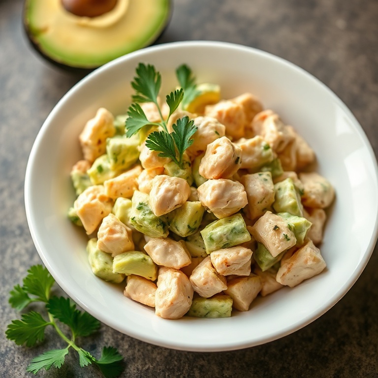 A perfect plated serving of Creamy Avocado Chicken Salad. The garnish is fresh parsley. The salad is in a white ceramic bowl. Warm side lighting highlights the texture. Photorealistic food photography. No text. No watermark.