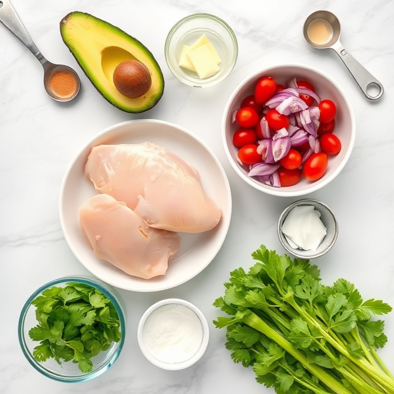 An overhead flat lay of the raw ingredients for Creamy Avocado Chicken Salad. The five most visually prominent ingredients are chicken breast, avocado, red onion, cherry tomatoes, and celery. Prep bowls, measuring spoons, and cups are visible. A white marble surface. Bright even light. Photorealistic overhead food photography. No text. No watermark.