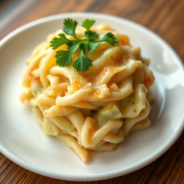 A single serving of creamy baked cabbage, topped with fresh parsley. Close crop, warm side lighting showing texture. White plate with a slight rim. Photorealistic food photography.