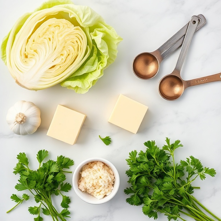 Overhead flat lay of fresh cabbage, garlic, parmesan cheese, butter, and parsley. Measuring spoons and bowls visible. White marble surface. Bright even light. Photorealistic overhead food photography.