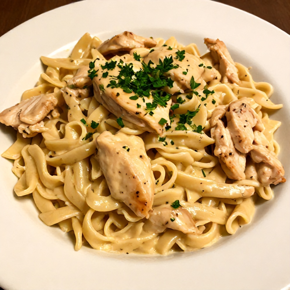 Plated serving of creamy Cajun chicken pasta with fresh parsley