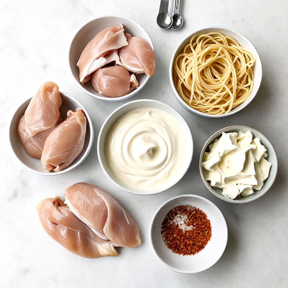 Raw ingredients for creamy Cajun chicken pasta laid out on a marble surface