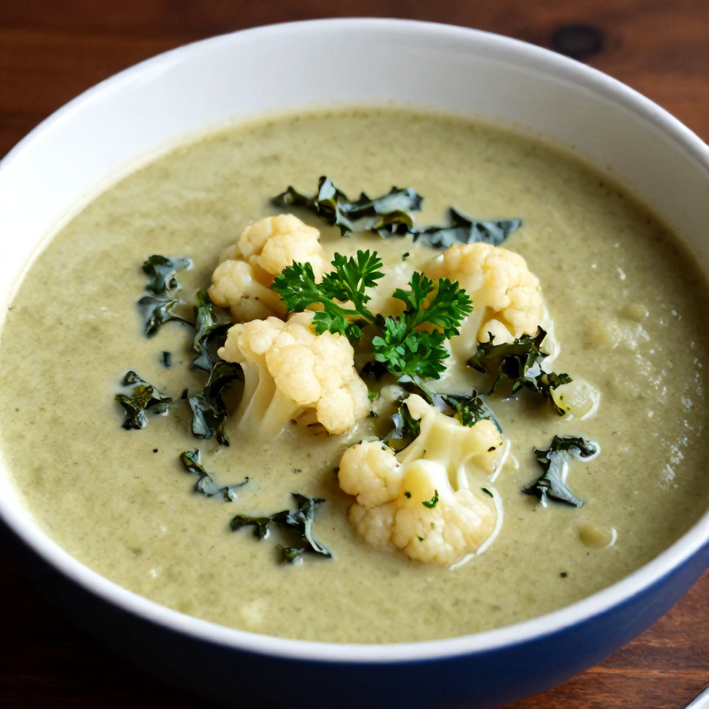 Bowl of Creamy Cauliflower Sausage Kale Soup with a sprinkle of parsley
