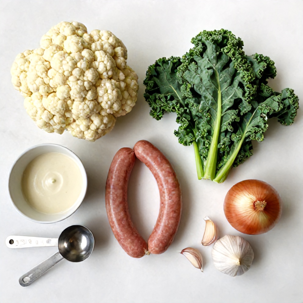 Raw ingredients for Creamy Cauliflower Sausage Kale Soup