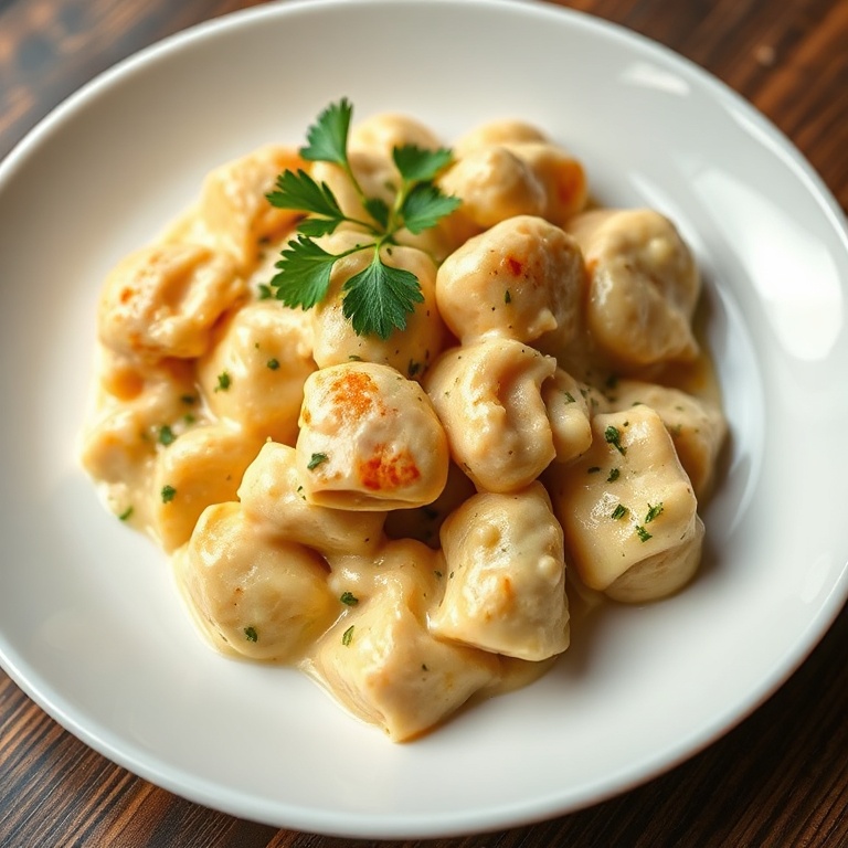 Perfectly plated Creamy Chicken Gnocchi Bake. Garnished with fresh parsley. Warm side lighting shows the texture.