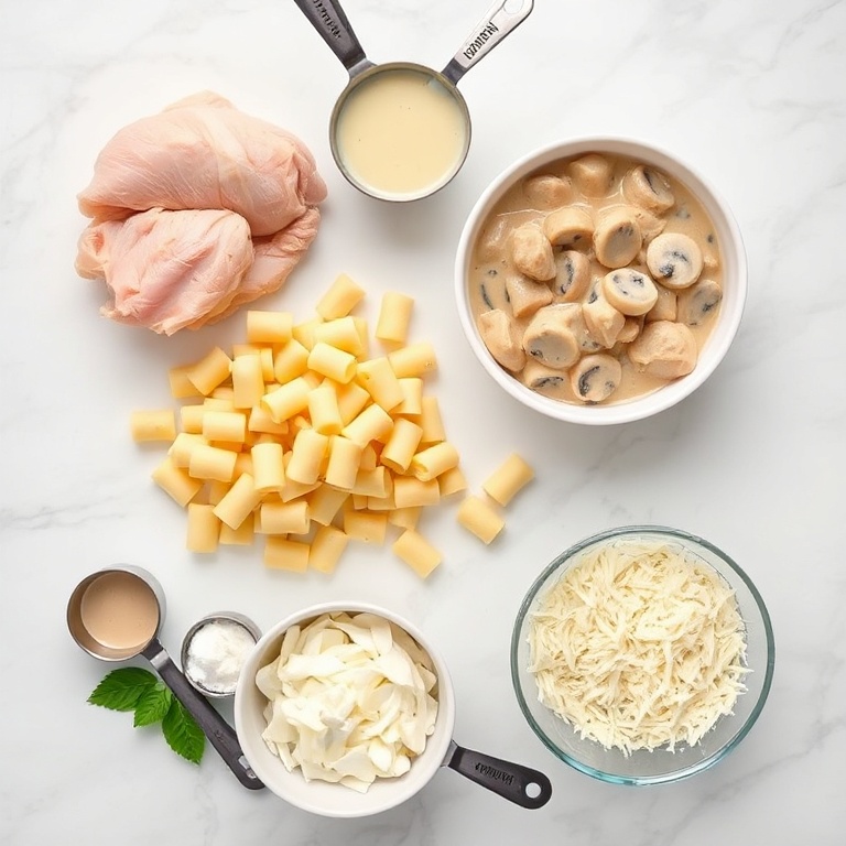 All raw ingredients for Creamy Chicken Gnocchi Bake. Chicken, gnocchi, cream of mushroom soup, cheese, and herbs. Measuring spoons and bowls visible.