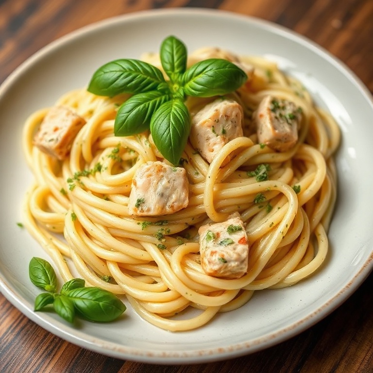 Perfect plate of creamy chicken pesto pasta. Garnished with basil. Close crop. Warm lighting. No text. No watermark.