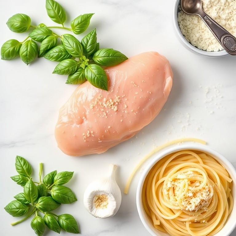 Fresh basil, chicken breast, pasta, garlic, and Parmesan. Measuring spoons and bowls visible. Bright even light. White marble surface. No text. No watermark.