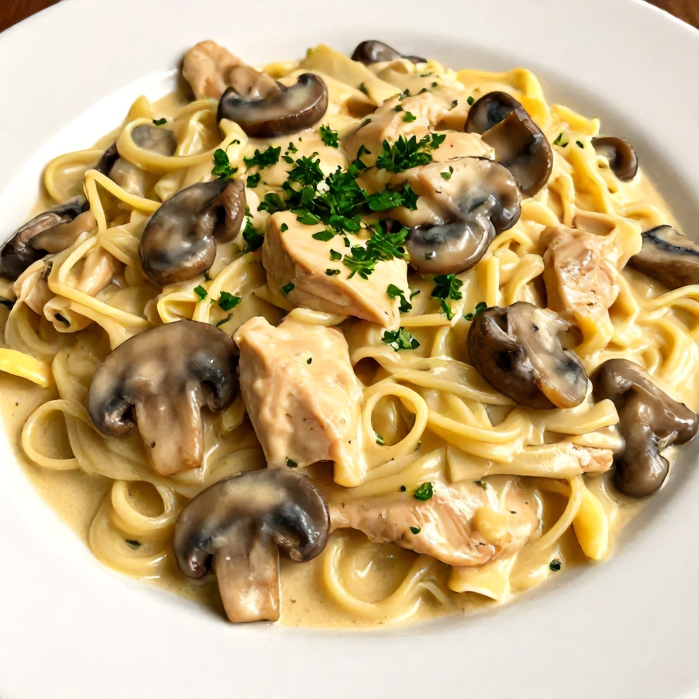 Plated Creamy Chicken Stroganoff with Mushrooms and Egg Noodles