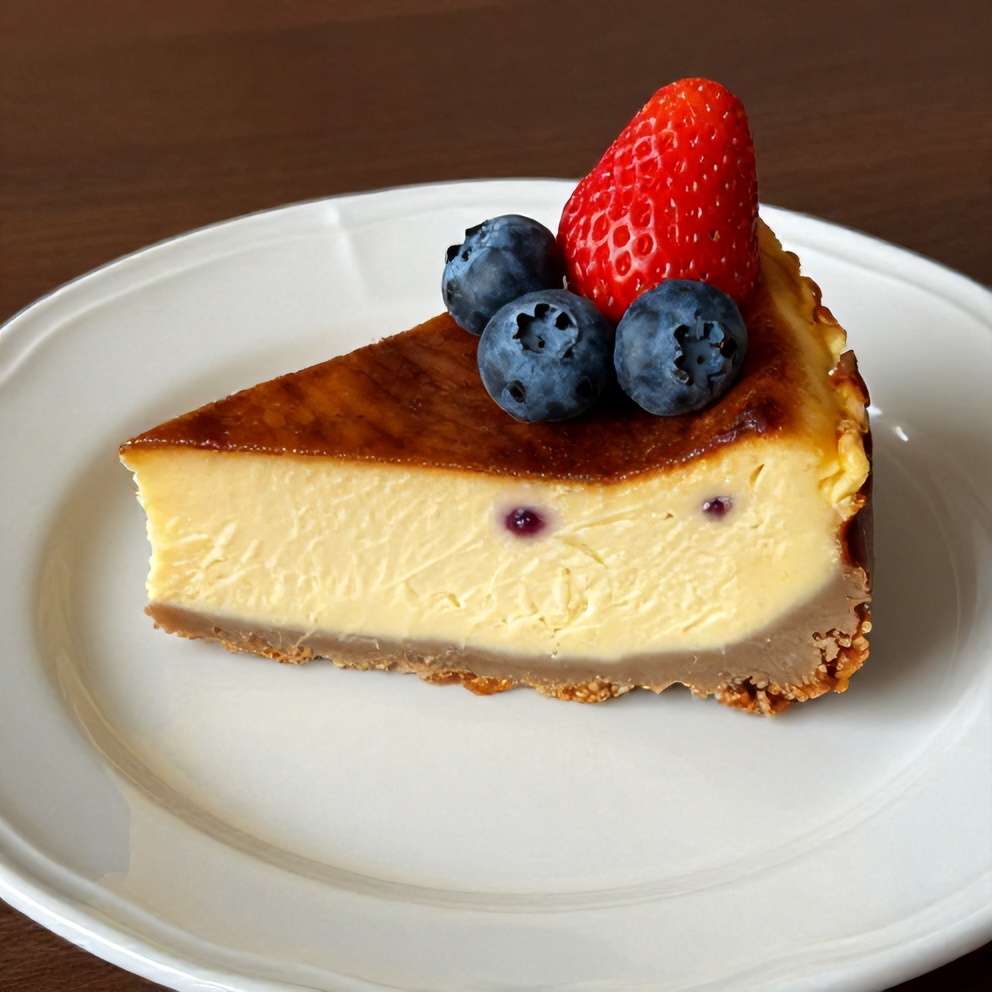A perfect slice of citrus berry burnt cheesecake on a white porcelain plate. Fresh blueberries and strawberries garnish the top. Warm lighting shows the texture and richness.