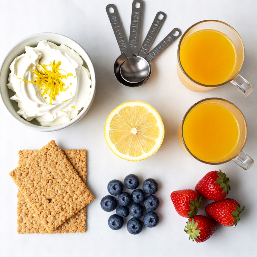 A flat lay of cream cheese, lemon zest, orange juice, blueberries, strawberries, and a graham cracker crust. Measuring cups and spoons are visible. Bright even light on a white marble surface.