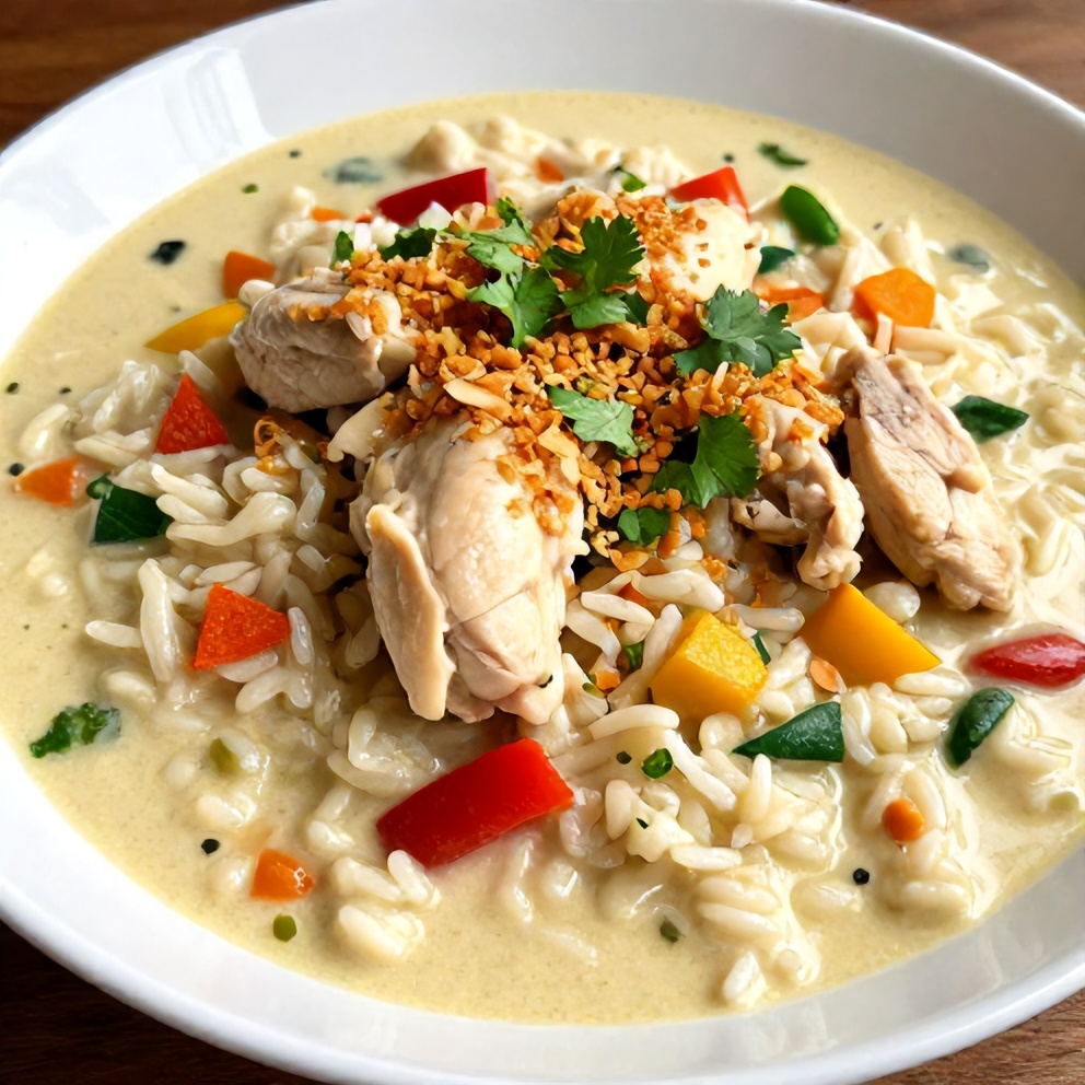 Plated creamy coconut chicken brothy rice with garnish
