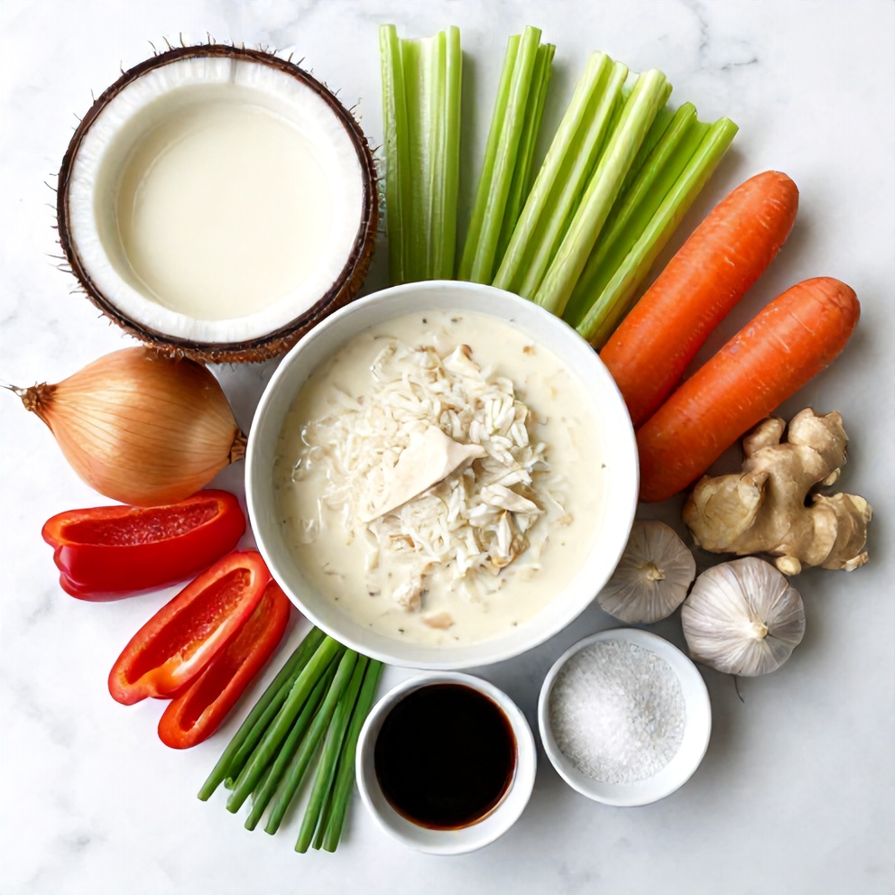 Raw ingredients for creamy coconut chicken brothy rice on a wooden surface